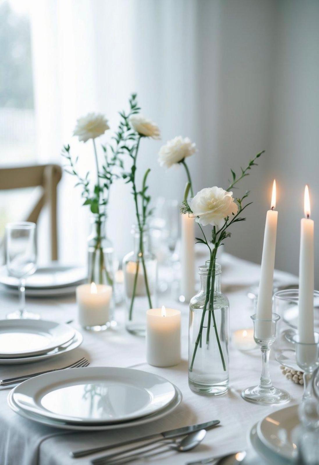 Table de mariage épurée avec fleurs blanches, bougies et vaisselle blanche